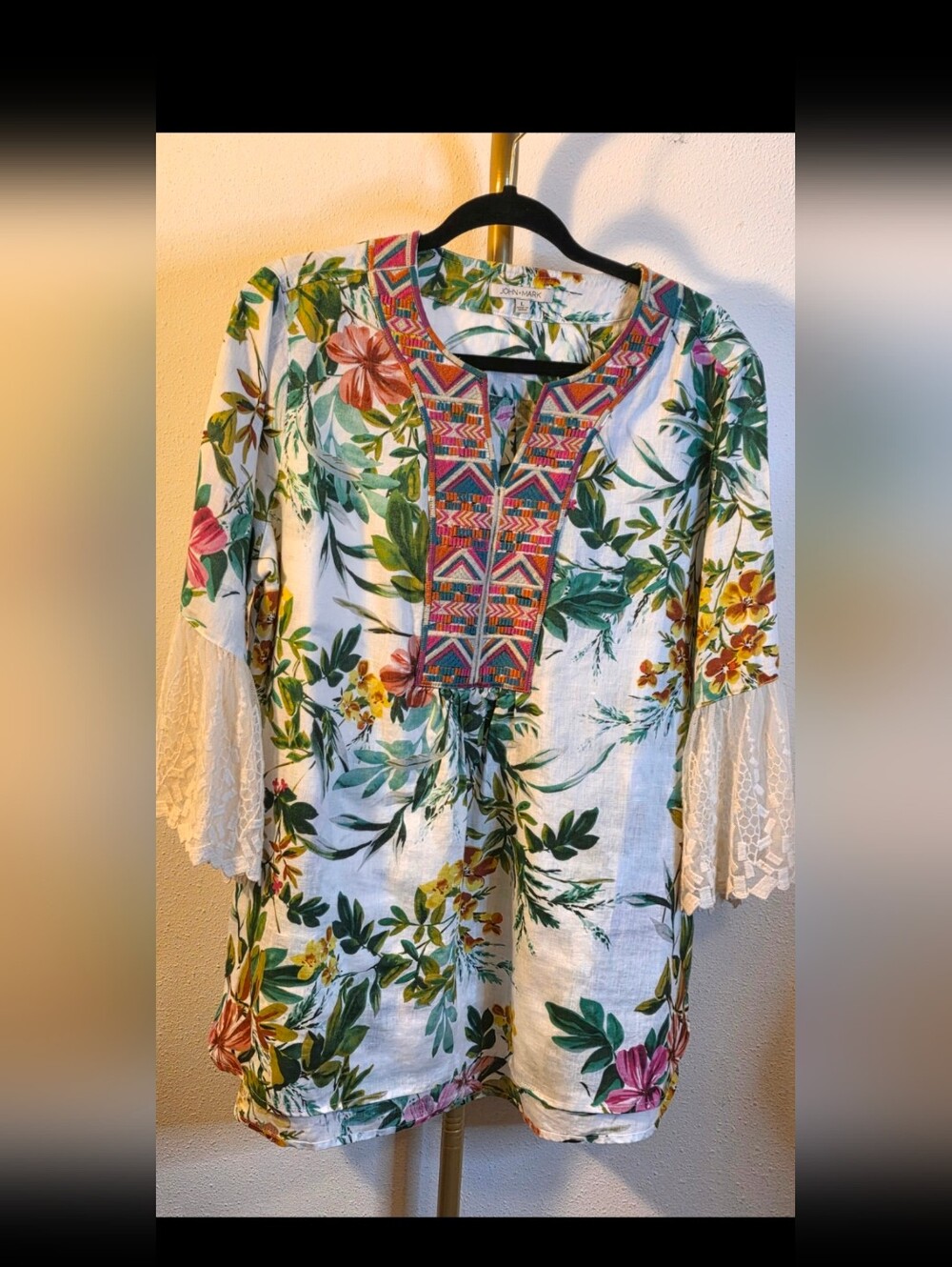 John Mark White Floral Embroidered Tunic with Lace Sleeves